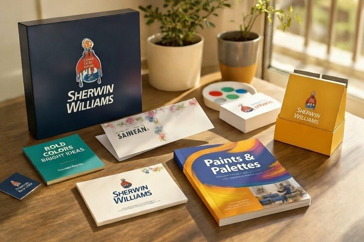 Sherwin Williams branded print materials - packaging, brochures, cards